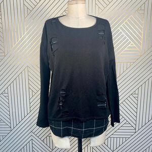 Generation Love Black‎ Ripped Cutout Plaid Top